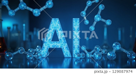 Illuminated AI in lab glassware with molecule structures. Scientists in bright lab, enhancing research through artificial intelligence 129087974