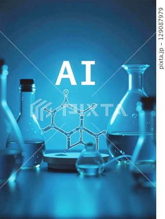 Illuminated AI in lab glassware with molecule structures. Scientists in bright lab, enhancing research through artificial intelligence 129087979