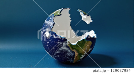 A freestanding globe, shattered and broken, stands alone. Earth's fragmented pieces reveal a world in disarray, symbolizing global crisis 129087984
