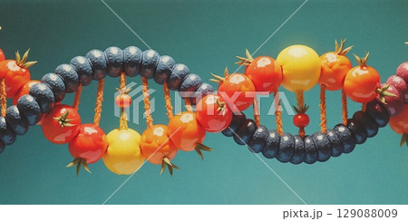 A vibrant DNA helix made of colorful fruits, symbolizing the vital role of fruit nutrients in cellular development and division 129088009