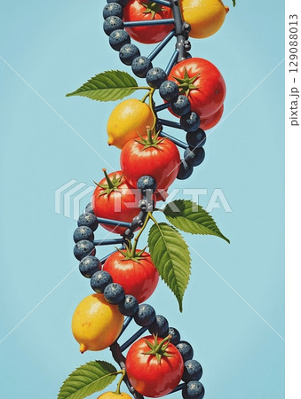 A vibrant DNA helix made of colorful fruits, symbolizing the vital role of fruit nutrients in cellular development and division 129088013