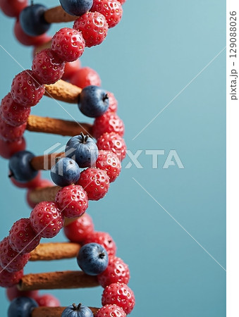 A vibrant DNA helix made of colorful fruits, symbolizing the vital role of fruit nutrients in cellular development and division 129088026