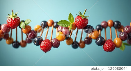 A vibrant DNA helix made of colorful fruits, symbolizing the vital role of fruit nutrients in cellular development and division 129088044