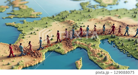 Diverse people traverse a world map, depicting global migration due to economic, crisis, war, and environmental factors 129088075
