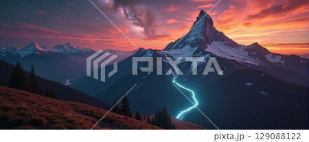 A vibrant, glowing path winds its way to the summit of freestanding, colorful mountains, guiding adventurers to new heights A vibrant, glowing path winds its way to the summit of freestanding, colorful mountains, guiding adventurers to new heights 129088122