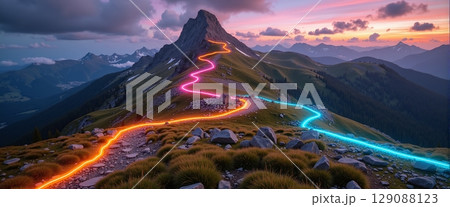 A vibrant, glowing path winds its way to the summit of freestanding, colorful mountains, guiding adventurers to new heights 129088123