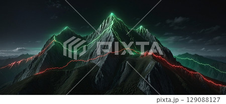 A vibrant, glowing path winds its way to the summit of freestanding, colorful mountains, guiding adventurers to new heights 129088127