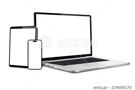 Laptop computer, tablet and mobile phone realistic devices mockup 129088170