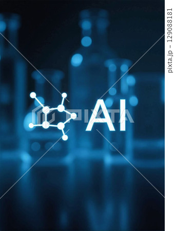 Illuminated AI in lab glassware with molecule structures. Scientists in bright lab, enhancing research through artificial intelligence 129088181