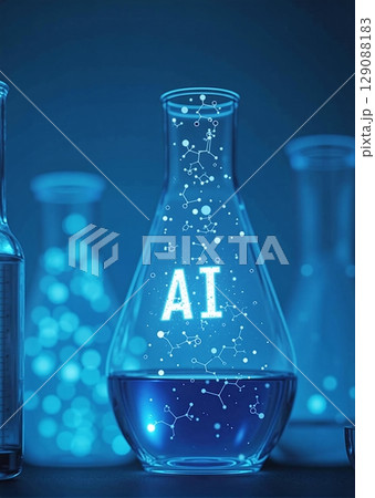 Illuminated AI in lab glassware with molecule structures. Scientists in bright lab, enhancing research through artificial intelligence 129088183