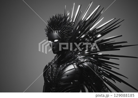 Surreal portrait of a creature with spikes and empty white eyes 129088185
