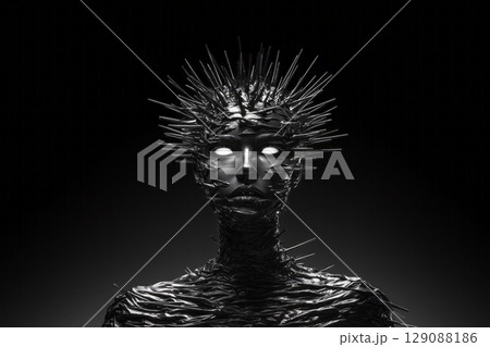 Portrait of a surreal creature with spikes and empty white eyes 129088186