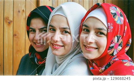 Confident women proudly wear headscarves, embracing cultural identity with warm smiles and graceful dignity 129088245
