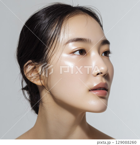 美容液を塗って肌に潤いがある女性の顔のアップ 129088260