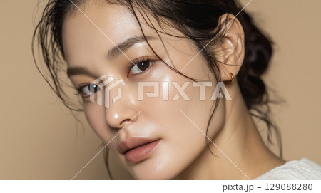 美容液を塗って肌に潤いがある女性の顔のアップ 129088280