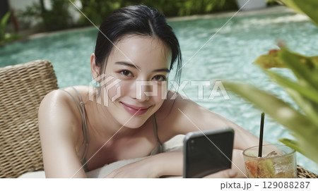 夏のリゾート地でバカンスを楽しんでいる女性 129088287