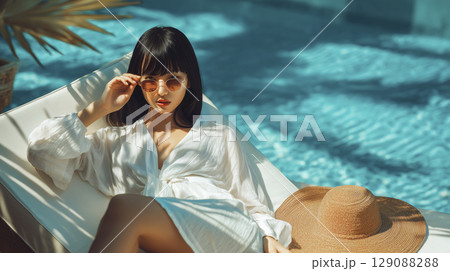 夏のリゾート地でバカンスを楽しんでいる女性 129088288