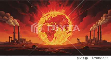 A fiery Earth burns, scorched by industry and technology. Smokestacks belch pollution, oil pumps churn as fossil fuels grill our planet 129088467