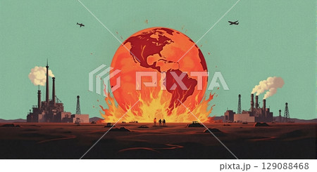 A fiery Earth burns, scorched by industry and technology. Smokestacks belch pollution, oil pumps churn as fossil fuels grill our planet 129088468