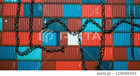 Shipping containers wrapped in steel chains symbolize trade barriers, global restrictions, tariffs, and limitations in international commerce 129088493