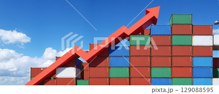 Shipping container with upward arrow: Symbol of rising trade volumes, increased imports and exports, and economic growth in global commerceShipping container with upward arrow: Symbol of rising trade  129088595