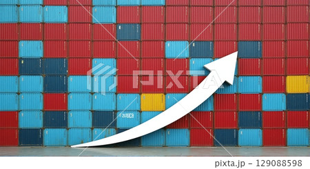 Shipping container with upward arrow: Symbol of rising trade volumes, increased imports and exports, and economic growth in global commerceShipping container with upward arrow: Symbol of rising trade  129088598