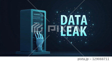 Polygonal hand menacingly reaches for glowing data server, revealing digital vulnerability and imminent cyber threat of catastrophic data leak 129088711