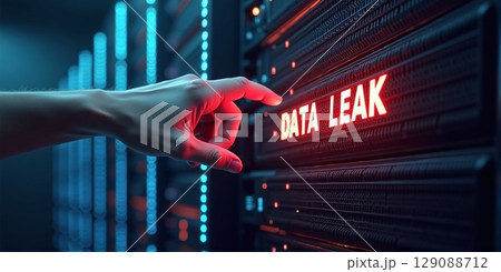 Polygonal hand menacingly reaches for glowing data server, revealing digital vulnerability and imminent cyber threat of catastrophic data leak 129088712
