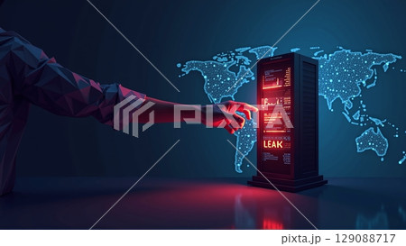 Polygonal hand menacingly reaches for glowing data server, revealing digital vulnerability and imminent cyber threat of catastrophic data leak 129088717