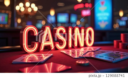Vibrant neon casino sign illuminates a poker table, casting electric glow on scattered chips and playing cards, capturing gambling's intense allure. 129088741