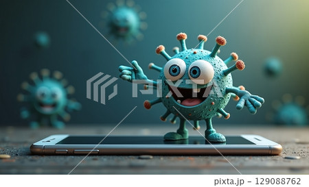 A quirky virus character stands boldly on a smart phone screen, revealing the hidden world of microscopic invaders lurking on our digital devices 129088762