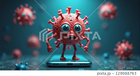 A quirky virus character stands boldly on a smart phone screen, revealing the hidden world of microscopic invaders lurking on our digital devices A quirky virus character stands boldly on a smart phone screen, revealing the hidden world of microscopic invaders lurking on our digital devices 129088763