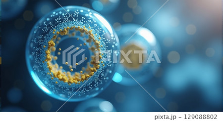 Microscopic liposome spheres with molecular core, encapsulated by lipid bilayer, enabling precise drug delivery and targeted therapeutic transport 129088802