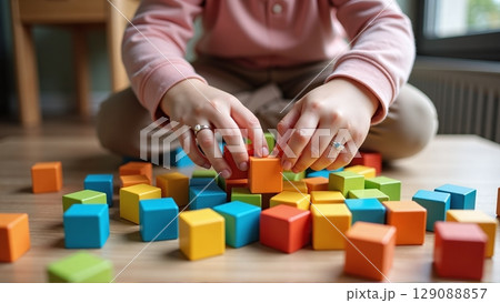 Children explore colorful wooden blocks, build, and learn, transforming a bright room into a playground of creativity and cognitive development 129088857