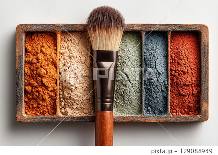 Perfect for professional makeup applications. Flat lay of makeup brush placed next to a color palette on white background. Perfect for professional makeup applications. Flat lay of makeup brush placed next to a color palette on white background. 129088939