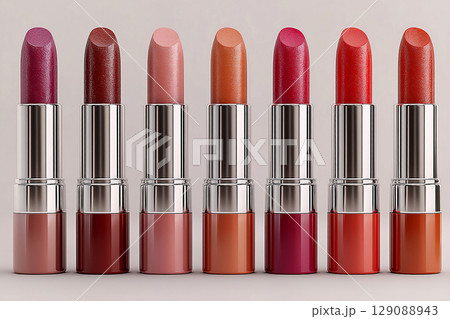 Branding mockup. Glossy lipstick tubes in various shades arranged in a gradient on white background. Makeup mockup. 129088943