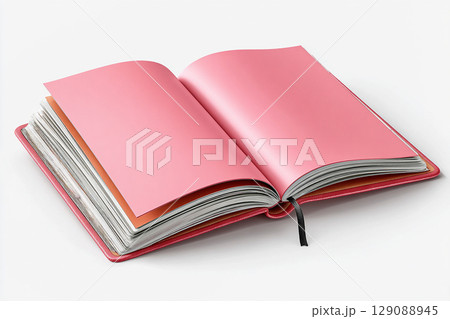 Creative writing. Pink blank pages. Top view of open Notebook journal with blank pages on a white background. Mockup. Copy space. 129088945