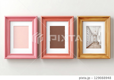 Branding. Empty color photo frame for a collage of three photos in a minimalist style on a white background. Branding. Empty color photo frame for a collage of three photos in a minimalist style on a white background. 129088948