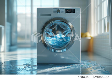 Home cleaning blogs. Washing machine mid-cycle with soap suds visible through the glass door on a white background. 129088982