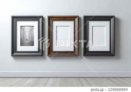 Brand identity. Empty color photo frame for a collage of three photos in a minimalist style on a white background. Brand identity. Empty color photo frame for a collage of three photos in a minimalist style on a white background. 129088984