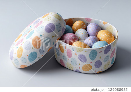 Premium gift box. Easter egg shaped gift box on white background. Easter traditions. 129088985