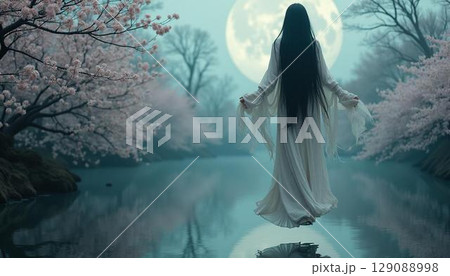桜の咲いた月夜の湖に浮かぶ女の霊 桜の咲いた月夜の湖に浮かぶ女の霊 129088998