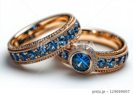Luxurious pair of wedding rings with blue stones on a white background. Rococo-Renaissance style. Luxurious pair of wedding rings with blue stones on a white background. Rococo-Renaissance style. 129089007