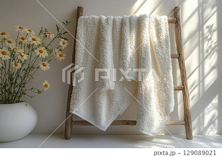 Line of freshly washed white towels hanging on a rack on a Boho style. 129089021