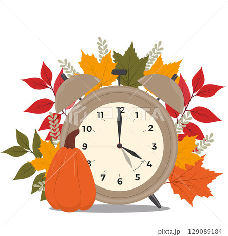 Clocks with pumpkin and autumn leaves.  Clocks with pumpkin and autumn leaves.  129089184