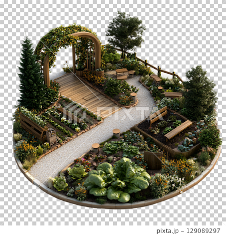 beautifully designed garden featuring lush greenery, vibrant flowers, and wooden pathways. This serene outdoor space includes raised garden beds, seating areas, and decorative arches, creating beautifully designed garden featuring lush greenery, vibrant flowers, and wooden pathways. This serene outdoor space includes raised garden beds, seating areas, and decorative arches, creating 129089297
