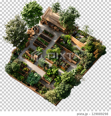 Aerial view of lush garden featuring various plants, raised beds, and cozy wooden shed. This serene space invites relaxation and gardening activities, showcasing natures beauty 129089298