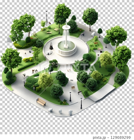 beautifully designed park featuring central fountain surrounded by lush greenery, benches, and walking paths. This serene environment invites relaxation and leisure activities 129089299