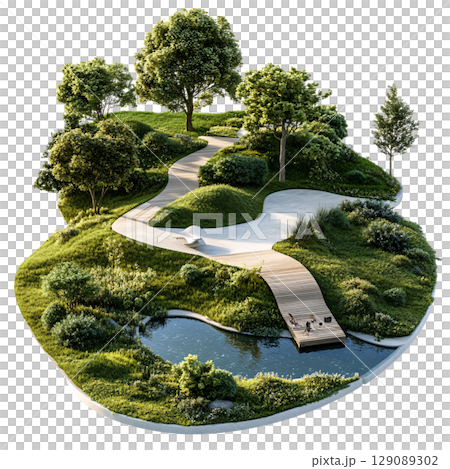 serene landscape featuring winding pathway through lush greenery, surrounded by trees and tranquil pond. This peaceful scene invites relaxation and connection with nature 129089302