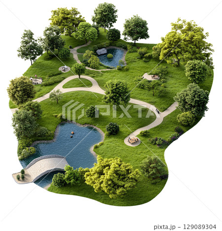 serene park landscape featuring lush greenery, winding paths, and tranquil ponds. scene includes bridge, seating areas, and various trees, creating peaceful outdoor environment 129089304
